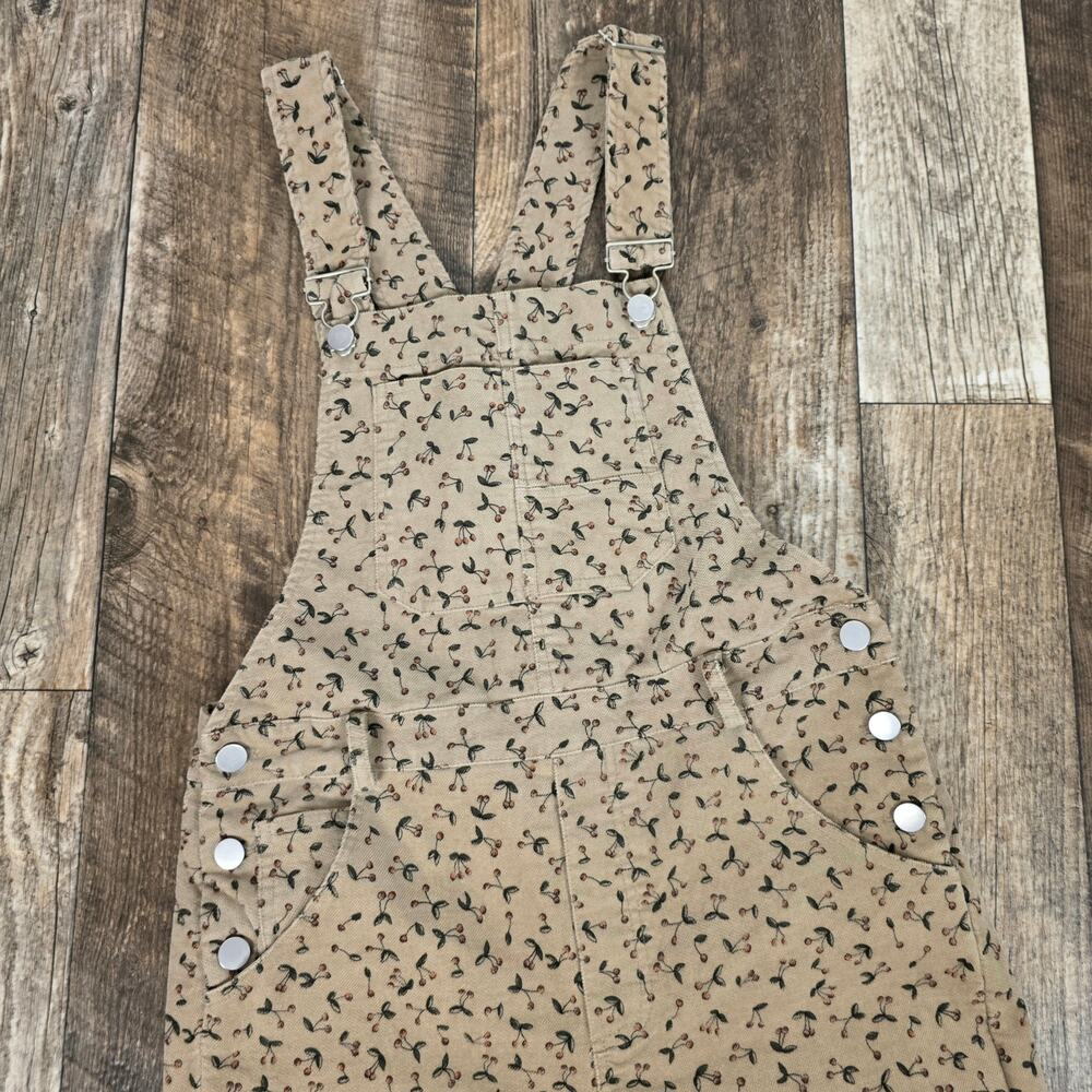 Cherry Print Overalls Wide Leg Cottagecore Beige Dungarees Small - Picture 2 of 9